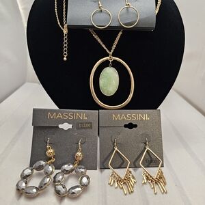 Massini Bundle - Gold Necklace with Green Pendant and Earrings